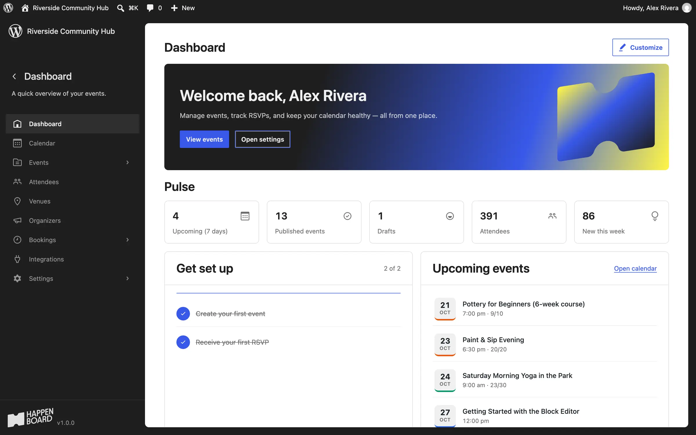 HappenBoard dashboard of the demo site: upcoming events, attendees and the week’s new sign-ups