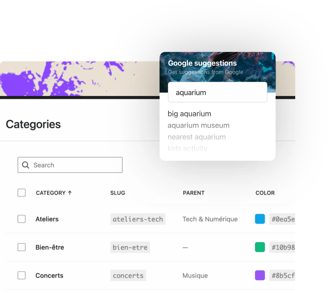 HappenBoard event categories screen with a Google search suggestions panel