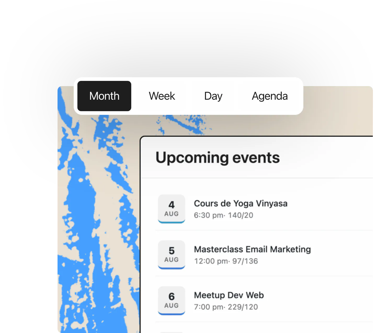 HappenBoard 'Upcoming events' list with a Month, Week, Day and Agenda view switcher
