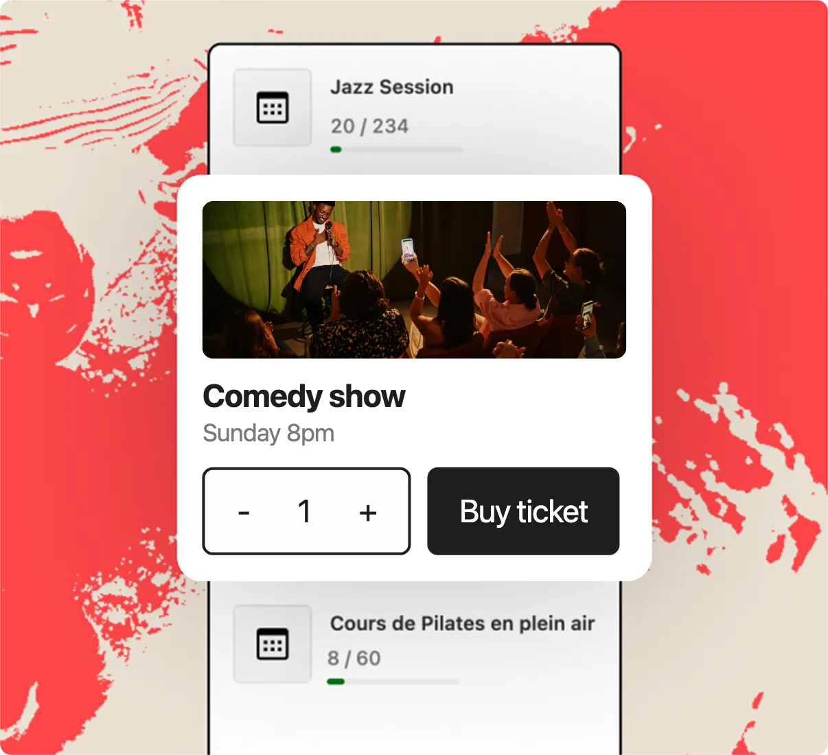 HappenBoard ticket widget for a comedy show with a quantity selector and a Buy ticket button, over the events list
