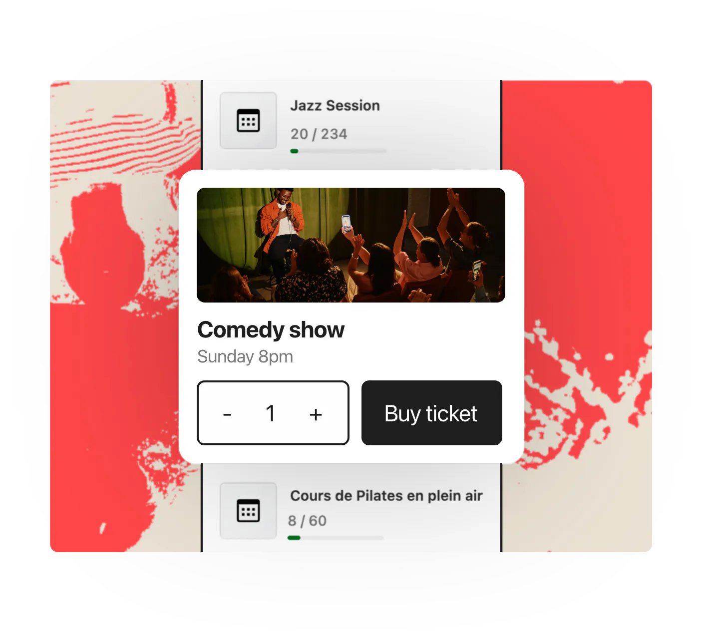 HappenBoard ticket widget for a comedy show with a quantity selector and a Buy ticket button, over the events list