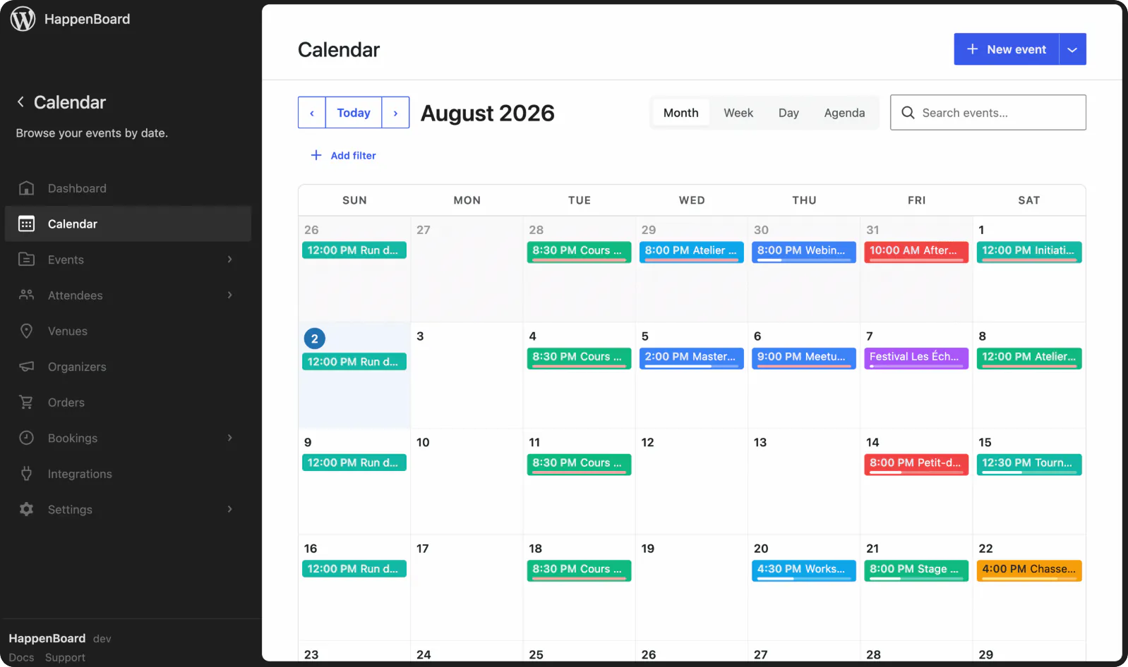 HappenBoard calendar month view in the WordPress admin