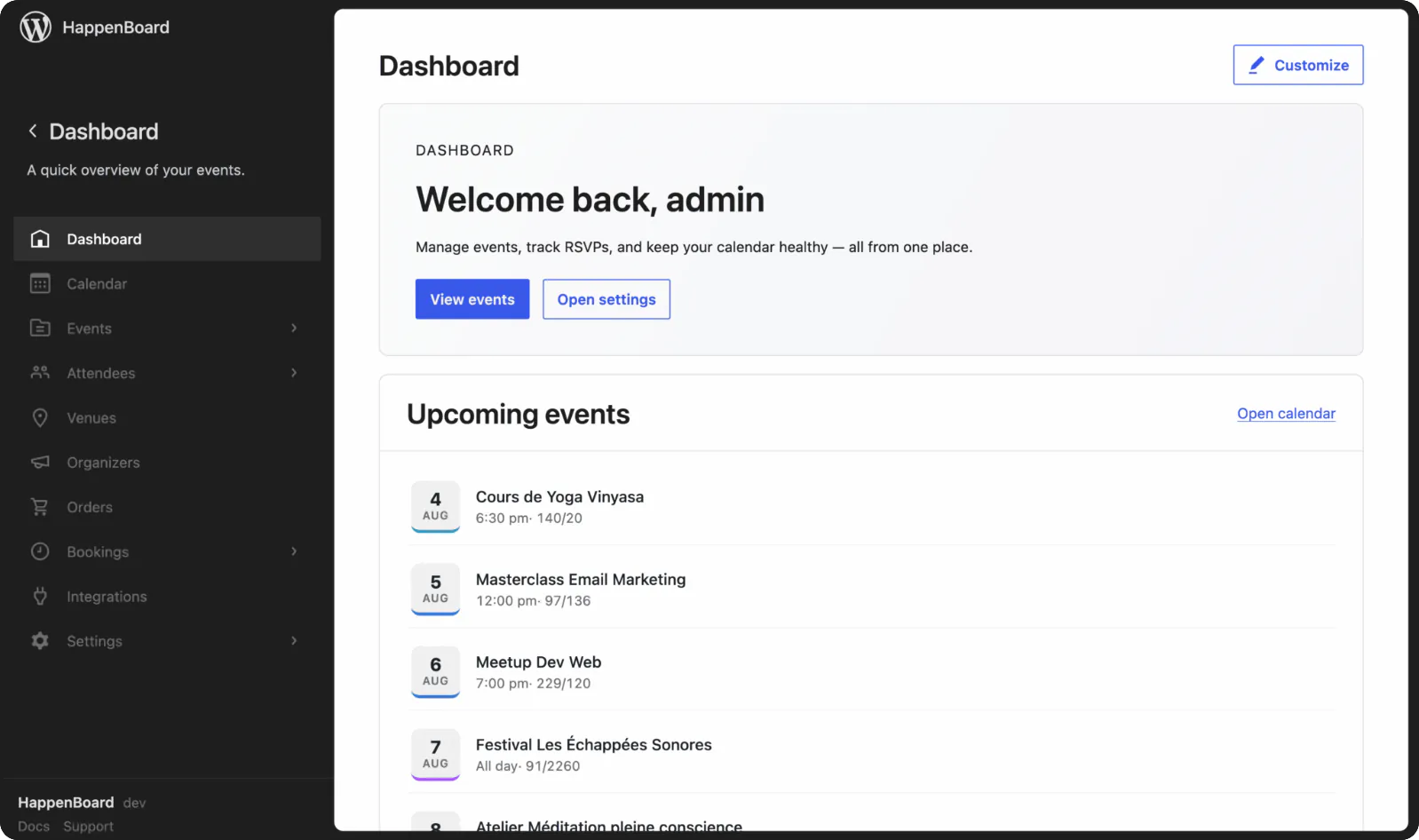 HappenBoard dashboard with the upcoming events