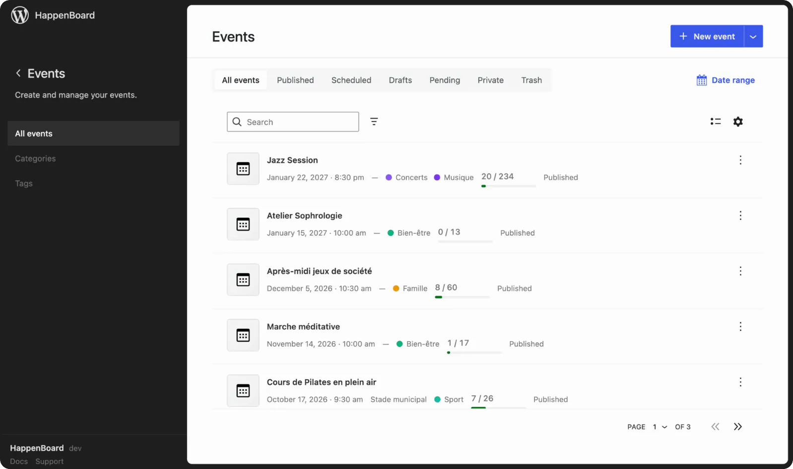 HappenBoard events list with the seats taken for each event