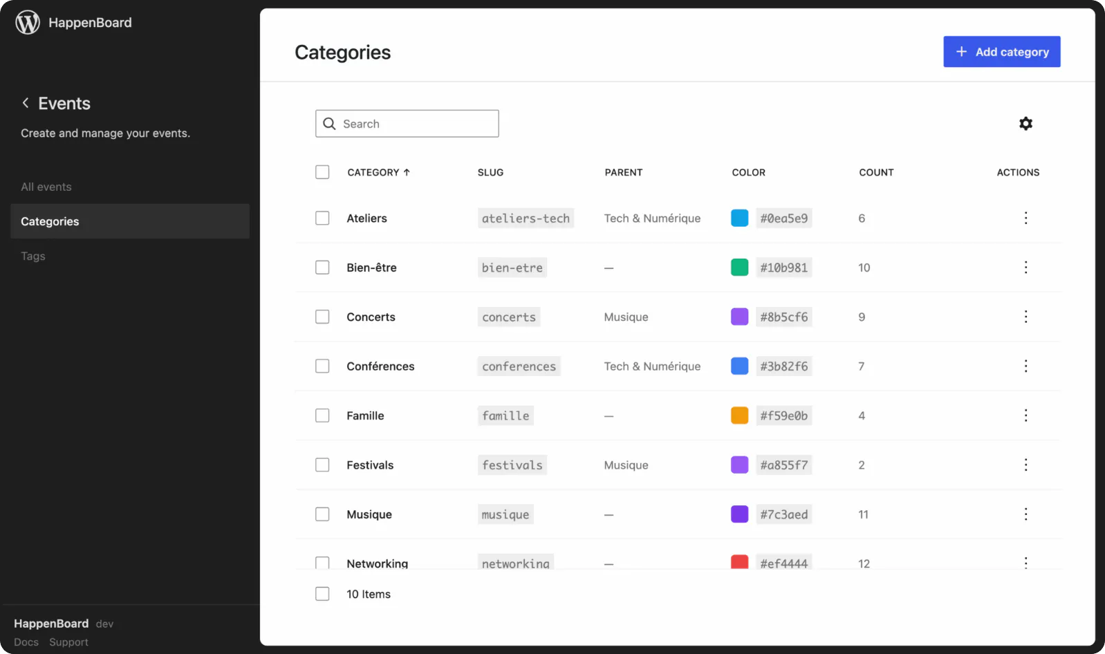 HappenBoard event categories, each with its own colour