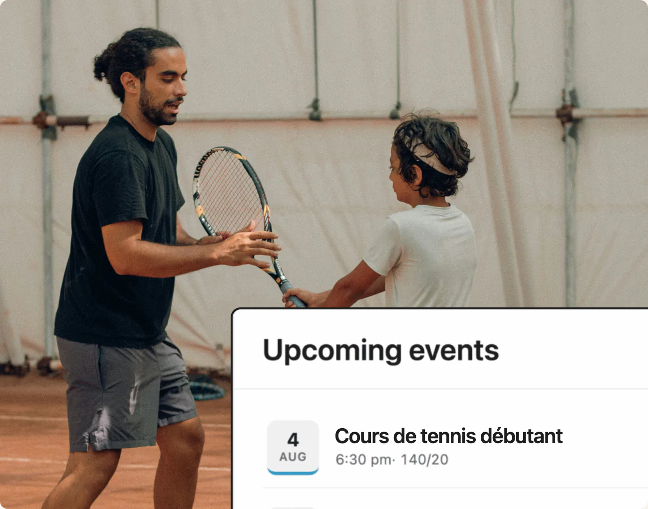 A tennis coach with a young player, beside the HappenBoard list of upcoming lessons