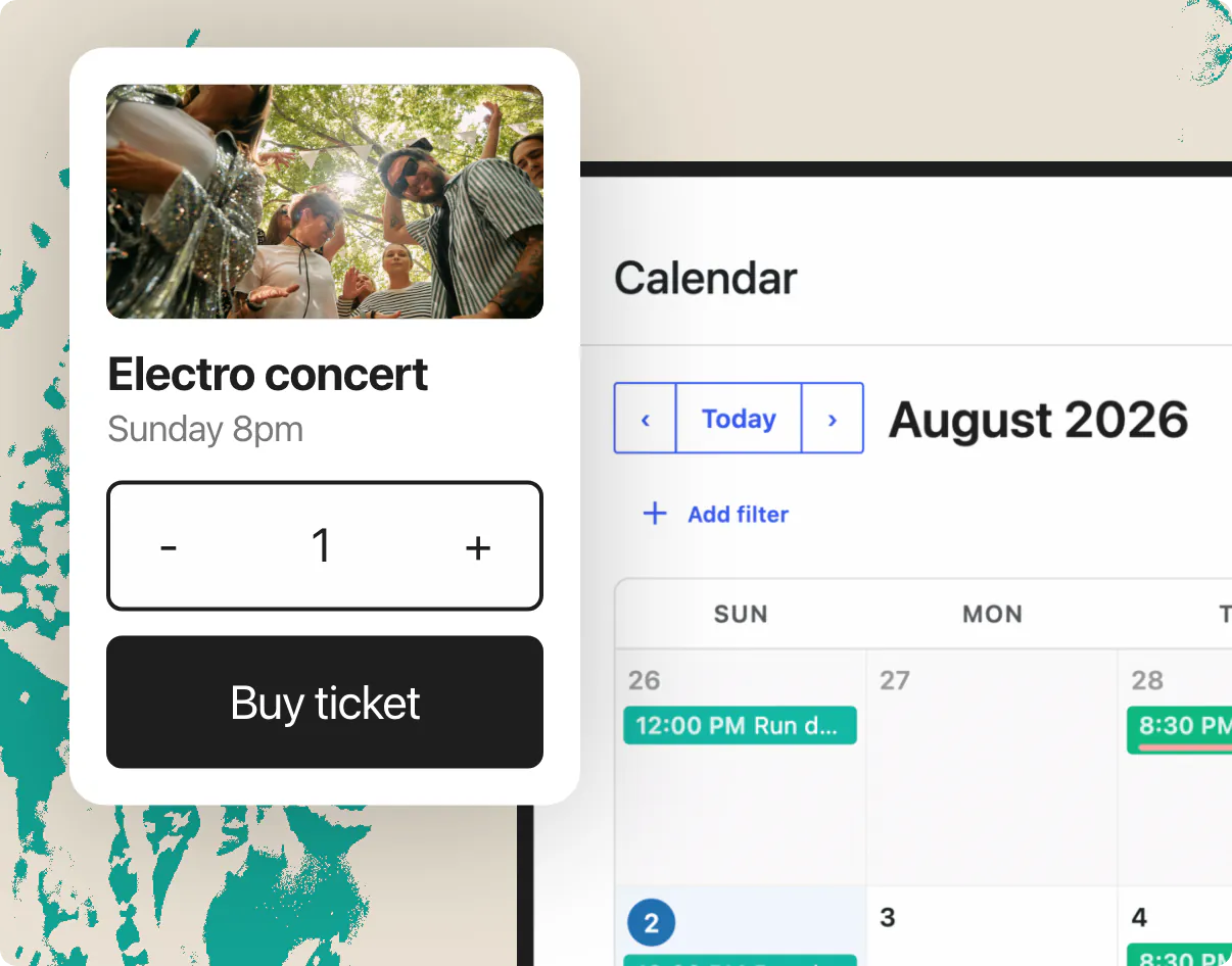 Ticket purchase card for an electro concert over the HappenBoard calendar month view