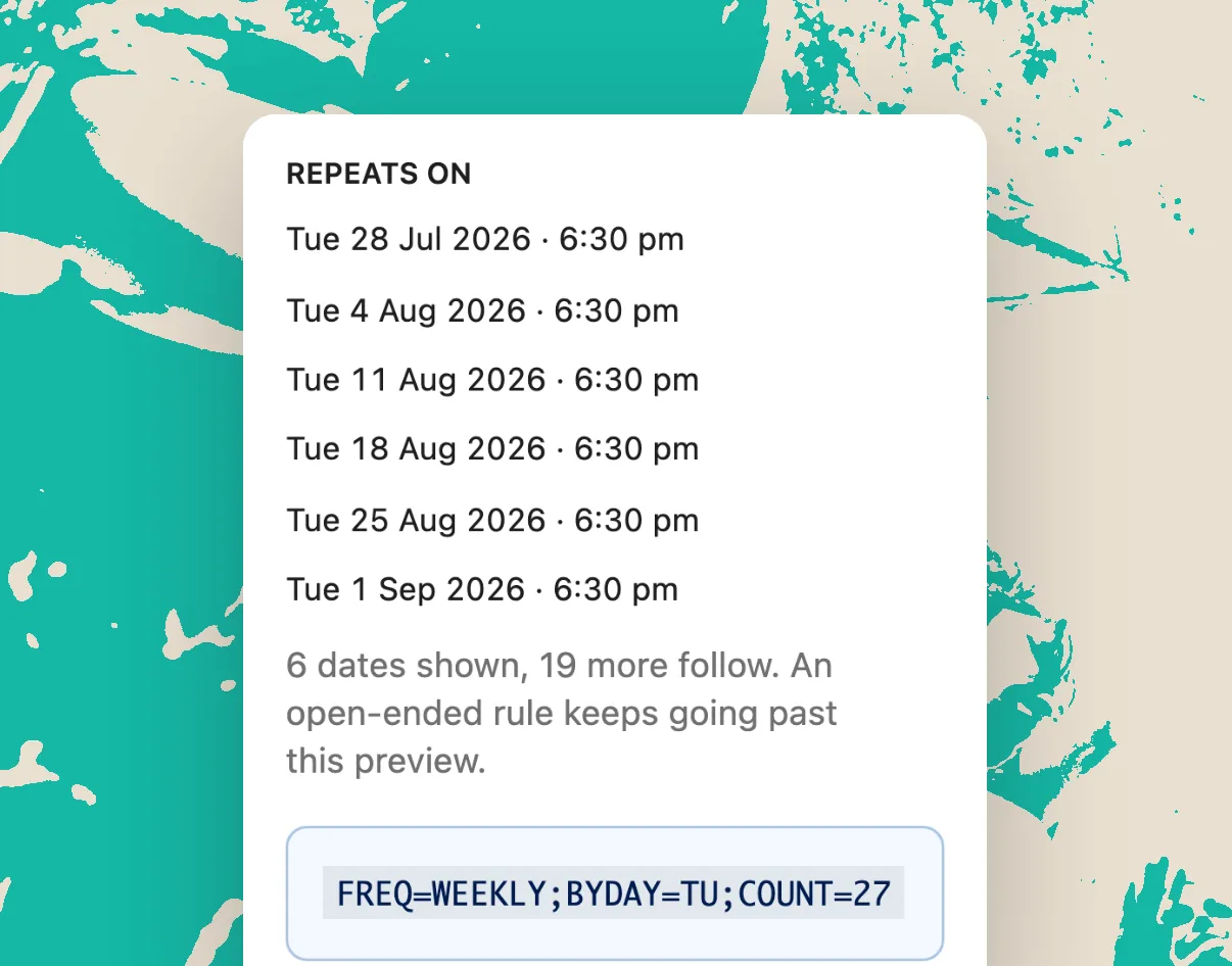 Réglages de récurrence d'un événement hebdomadaire dans HappenBoard, avec ses prochaines dates