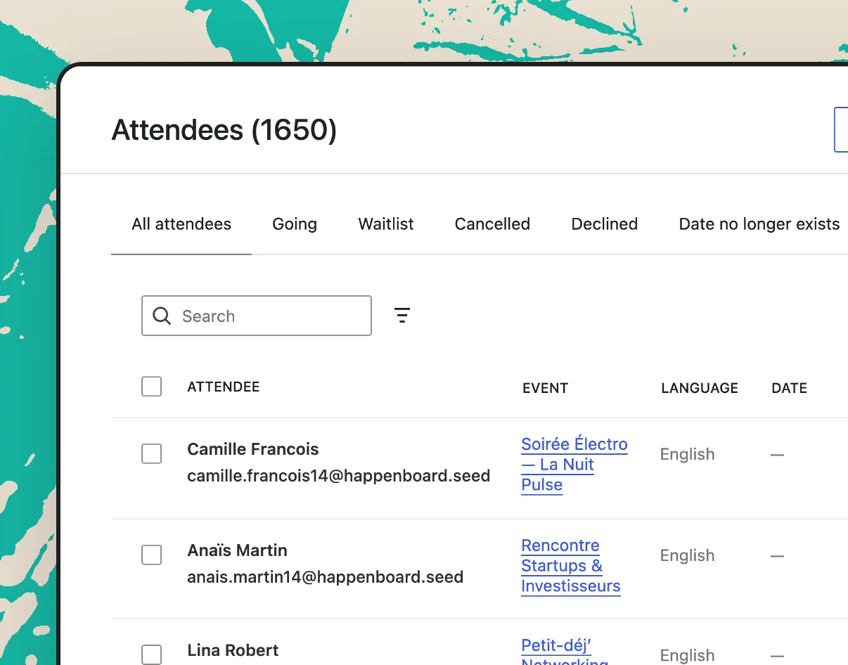 Liste des participants dans HappenBoard, avec l'événement et le statut d'inscription de chacun