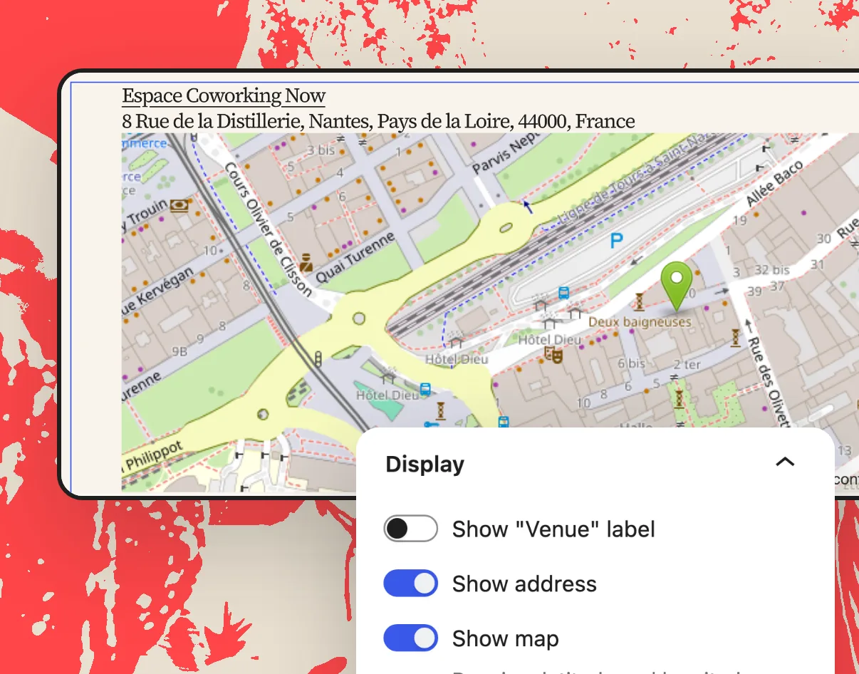 Bloc Event Venue affichant l'adresse du lieu au-dessus d'une carte OpenStreetMap, avec le réglage Show map activé